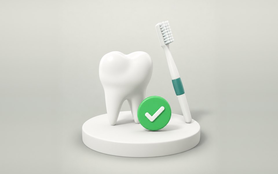 Dente saudável ao lado de uma escova de dentes e de um selo de aprovação